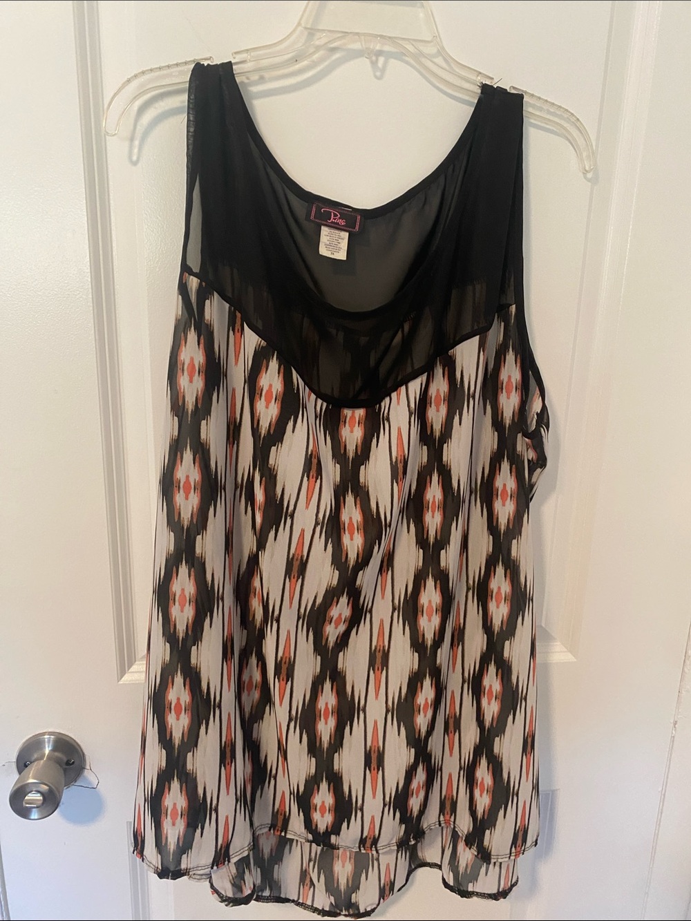 Dollhouse Black & Ivory Ikat-Print Sleeveless Tunic with Sheer Yoke